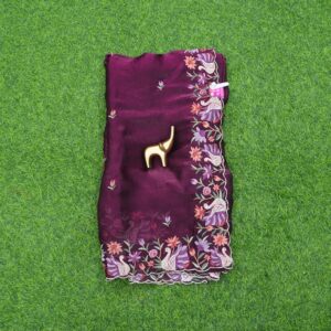 Wine Purple Tussar Silk Floral Embroidery Designer Work Saree
