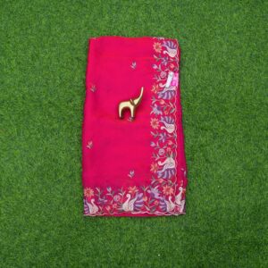 Red Tussar Silk Floral Embroidery Designer Work Saree