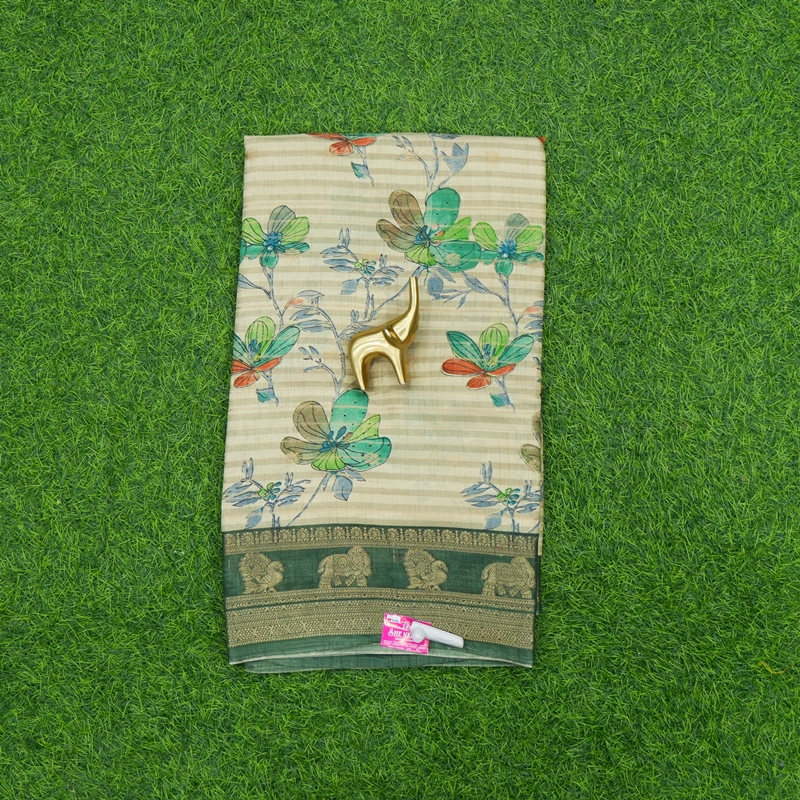 Cream and Green Color Floral Printed Designer Saree