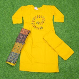 Yellow Color Pure Cotton Floral Embroidery Designer Dress