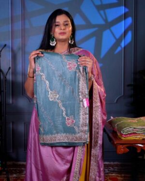 Blue Color Organza Shimmer Embroidered Designer Work Saree