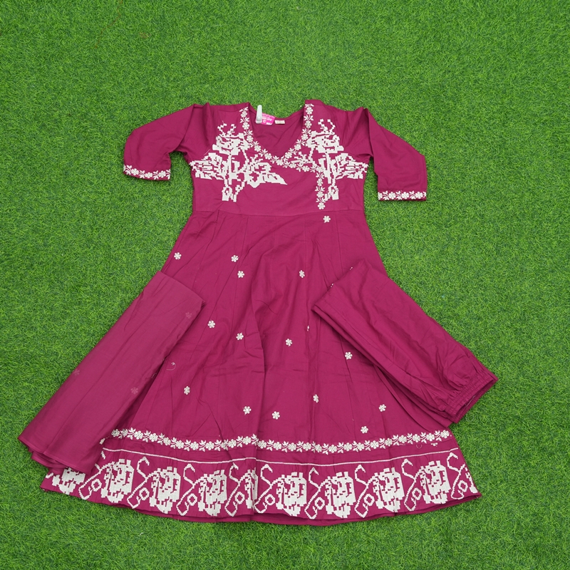 Wine Color Geometric and Floral Embroidered Designer Dress