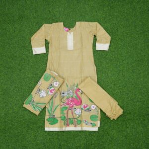 1 1270 CREAM Cream Color Flamingo Print Embroidered 3-Piece Cotton Designer Dress