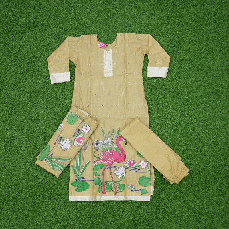 Cream Color Flamingo Print Embroidered 3-Piece Cotton Designer Dress