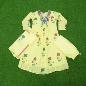1 1570 Pastel Yellow Color Thread Embroidered Designer Dress