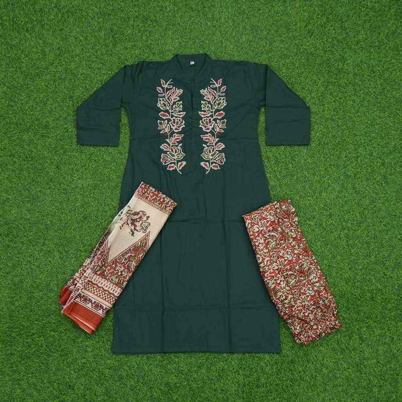 Bottle Green Color Embroidered Cotton 3-Piece Designer Dress