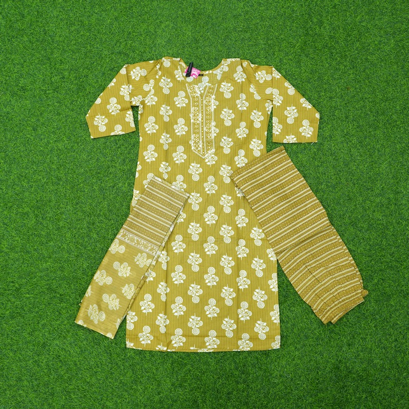 Mehendi Green Color Cotton Printed Designer Dress