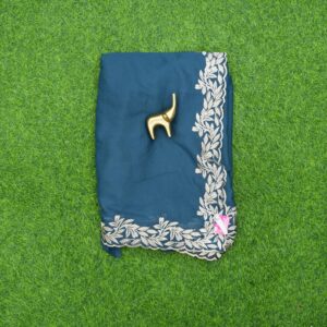 Teal Blue Color Work Saree Embroidered With C-Pallu Border