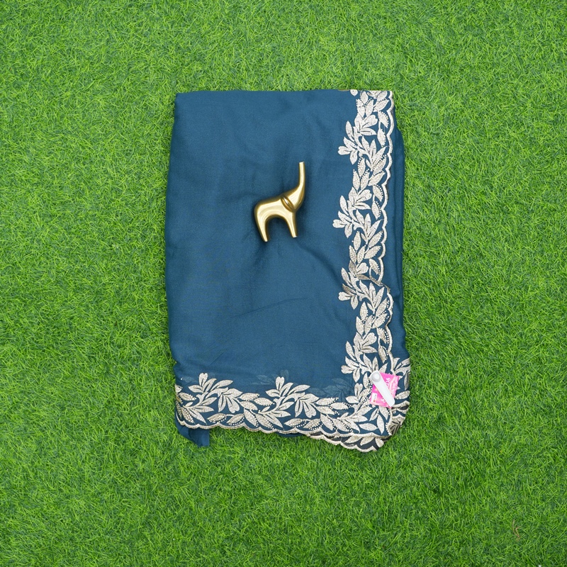 Teal Blue Color Work Saree Embroidered With C-Pallu Border