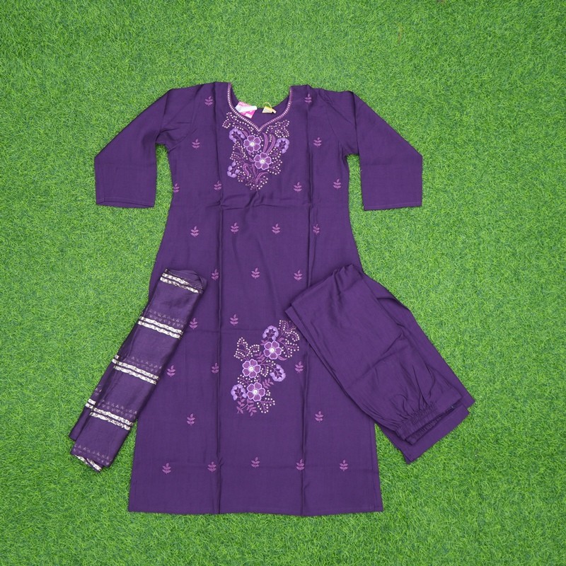 Purple Color Floral Embroidered 3-Piece Designer Dress