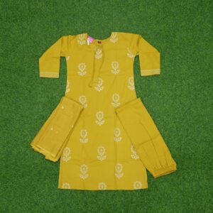 Yellow Color With Floral Printed 3-Piece Cotton Designer Dress