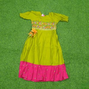 11 630 GREEN Parrot Green and Pink Color Embroidered Long Frock