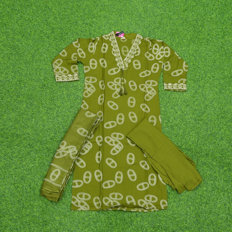Green Color Geometric Print 3-Piece Designer Dress