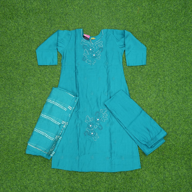 Teal Blue Color Floral Embroidered 3-Piece Designer Dress