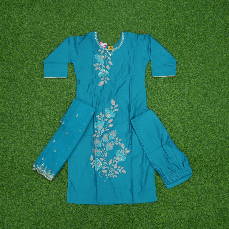 Turquoise Blue Color Floral Thread Embroidered 3-Piece Designer Dress