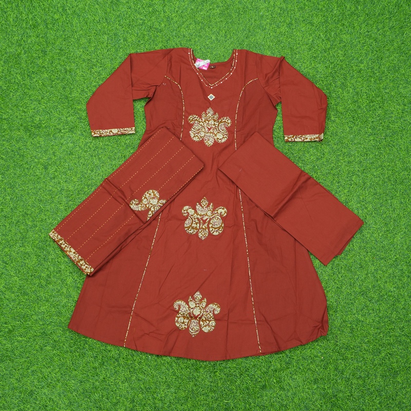 Brick Red Colored Floral Embroidered Designer Dress