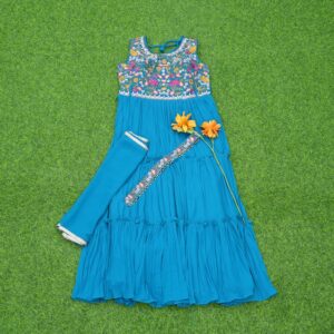 Sky Blue Color Embroidered Designer Party Wear Long Frock