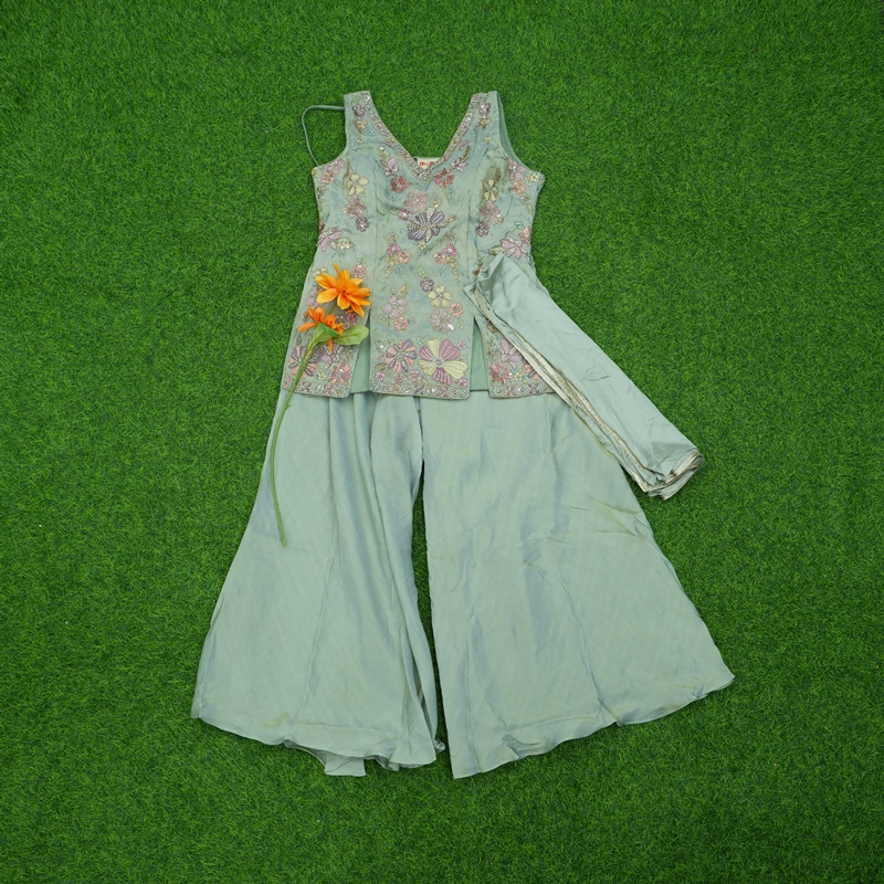 Pastel Mint Green Color Embroidered Georgette Designer Sharara Set