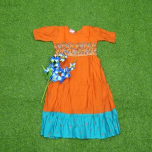 Orange and Blue Color Embroidered Designer Long Frock