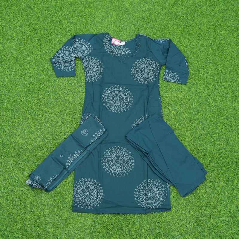 Teal Blue Color Mandala Print 3-Piece Designer Dress