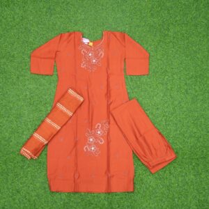 12 850 RUST ORANGE Rust Orange Color Floral Embroidered 3-Piece Designer Dress
