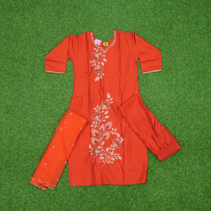 Orange Color Floral Thread Embroidered 3-Piece Designer Dress