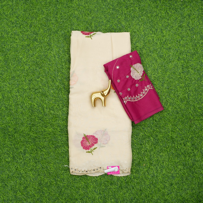 Cream and Pink Color Blouse Embroidered Work Saree