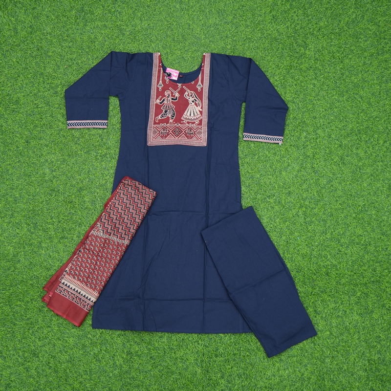 Navy Blue Color Cotton Printed 3-Piece Designer Dress