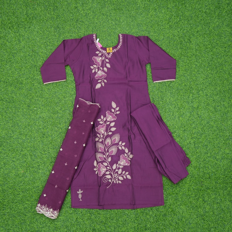 Purple Color Floral Thread Embroidered 3-Piece Designer Dress
