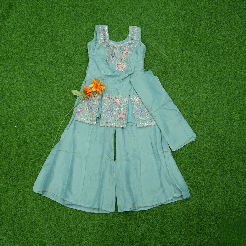 Sea Green Color Embroidered Georgette Designer Sharara Set