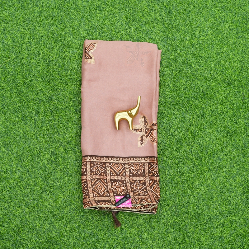 Peach and Brown Color Saree With Embroidered Geometric Border