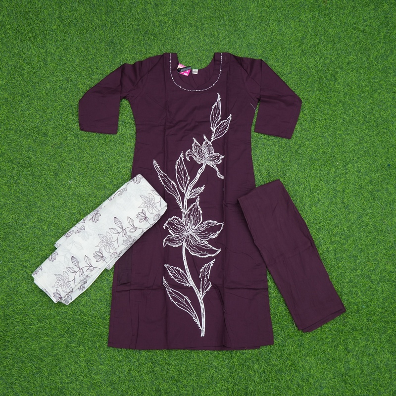 Wine Color White Floral Thread Embroidered 3-Piece Designer Dress