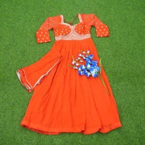 Orange Color Embroidered Designer Party Wear Long Frock