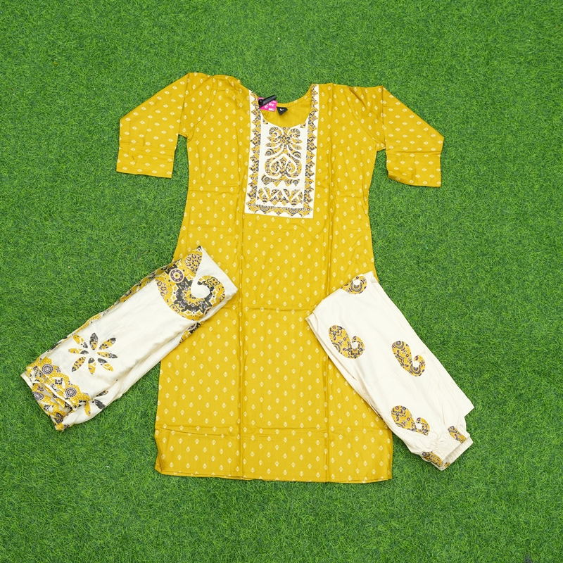 Yellow and Off-White Color Ethnic Print 3-Piece Designer Dress