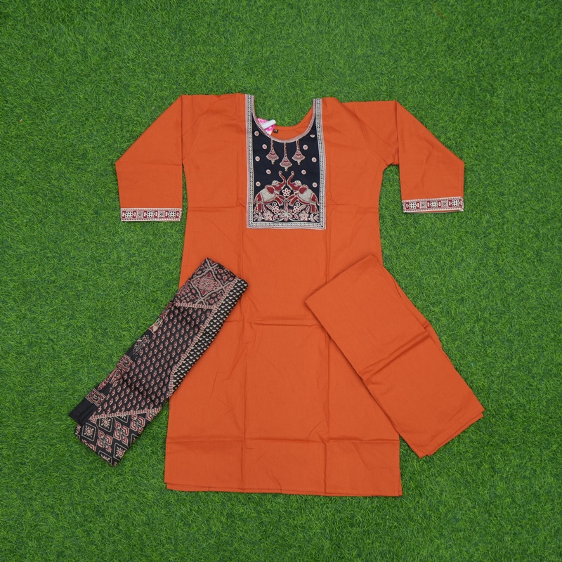 Orange Color Cotton Printed 3-Piece Designer Dress