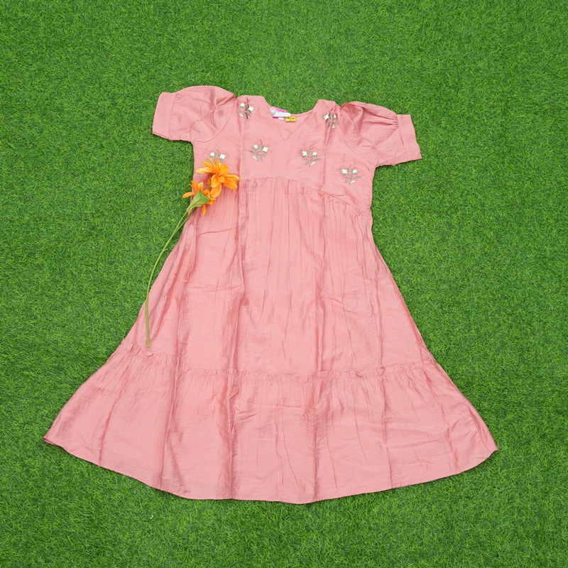Peach Color Embroidered Cotton Designer Long Frock