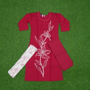 Maroon Color White Floral Thread Embroidered 3-Piece Designer Dress