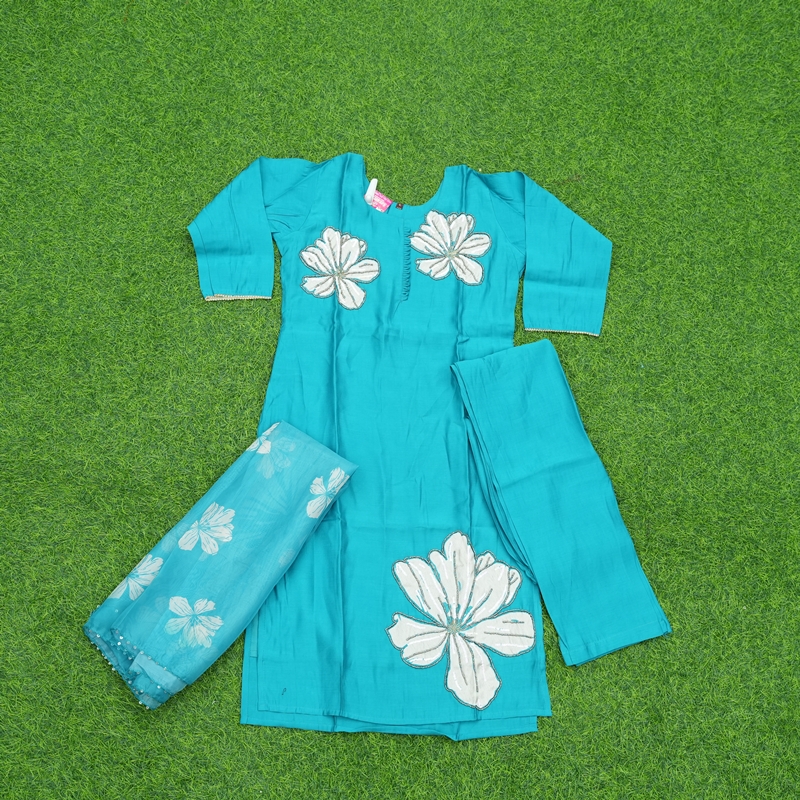 Turquoise Blue Color Floral Patchwork and Embroidered Designer Dress