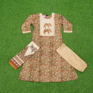Brown and Mustard Yellow Kalamkari 3pc Designer Dress