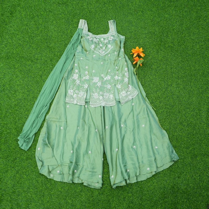 Sea Green Color Embroidered Georgette Designer Sharara Set