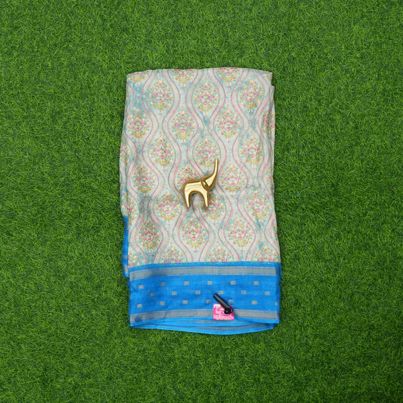 Cream and Sky Blue Color Floral Printed Traditional Saree