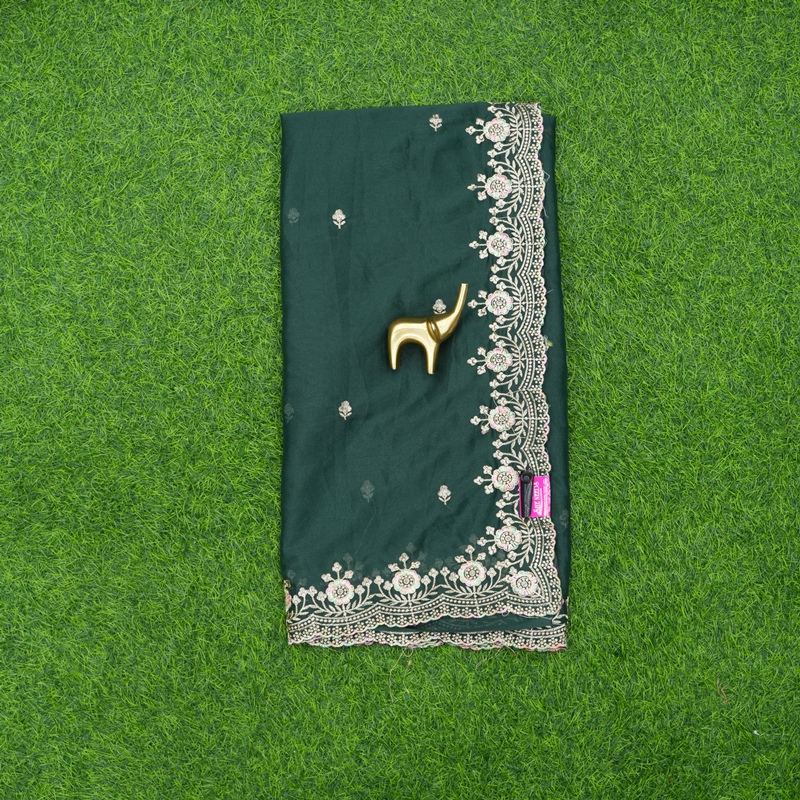 Bottle Green Color Work Saree Embroidered With C-Pallu Border