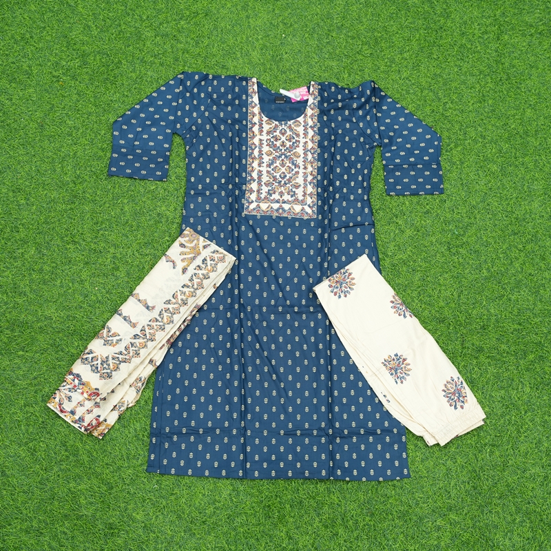 Teal Blue and Off-White Color Ethnic Print 3-Piece Designer Dress