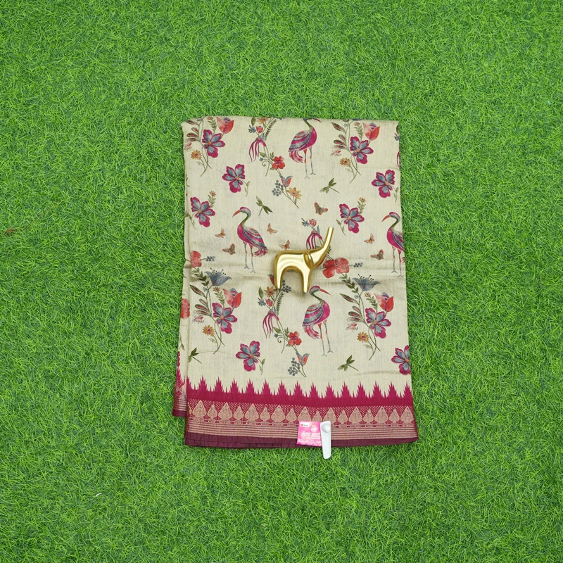 Cream and Pink Color Saree Floral Bird Print With Zari Border