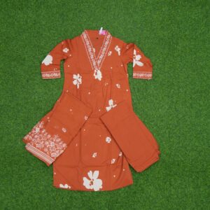 16 900 ORANGE Orange Color Floral Printed Cotton 3-Piece Designer Dress