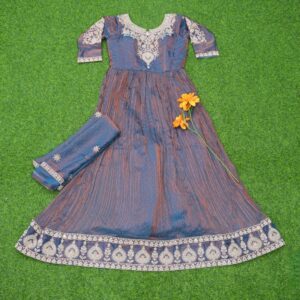 Grey Color Embroidered Designer Party Wear Long Frock