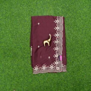 Dark Maroon Color Work Saree Embroidered With C-Pallu Border