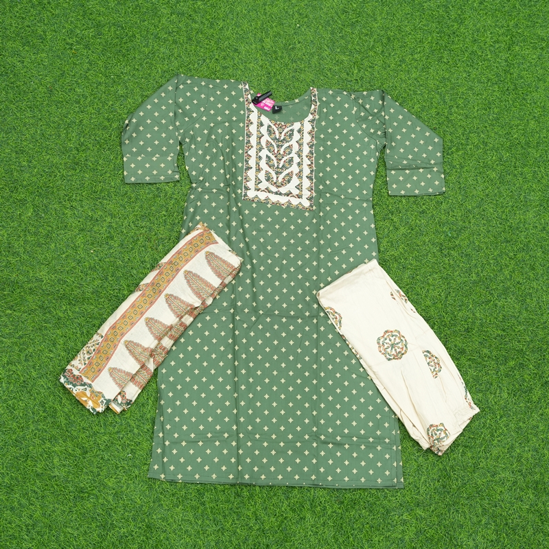 Olive Green and Off-White Color Ethnic Print 3-Piece Designer Dress