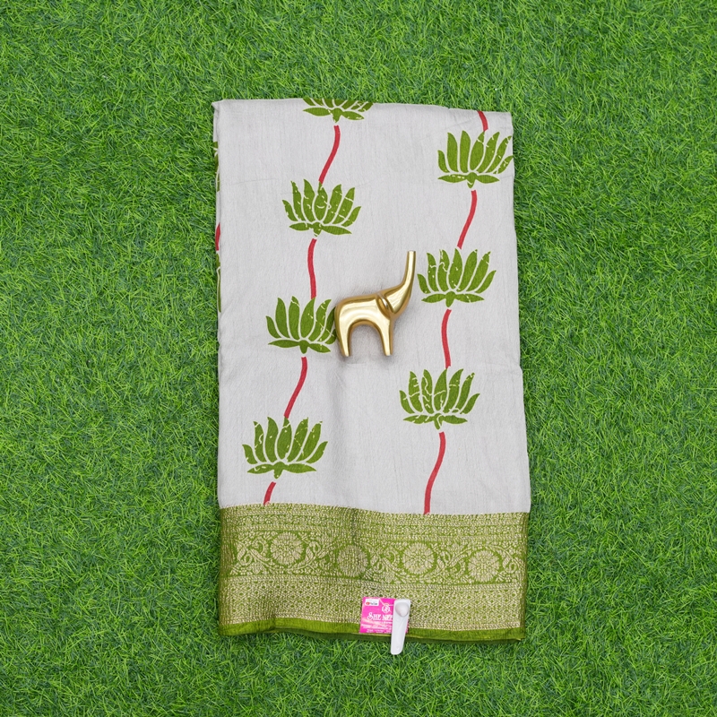 Cream and Green Color Floral Daily Wear Saree