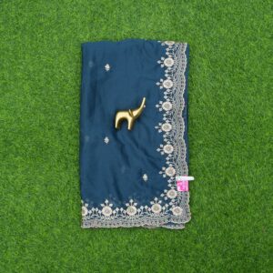 Teal Blue Color Work Saree Embroidered With C-Pallu Border